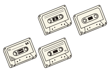 Fototapeta premium Collection of four vintage audio cassette tapes diagonally arranged, symbolizing nostalgic retro music recording and classic media.