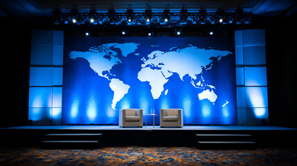 Global Stage: A professional stage setup ready for a presentation, showcasing a world map backdrop. Perfect for business, conference, or any event where global themes are central.