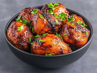 Grilled chicken pieces in bowl, kitchen counter, close-up