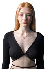 Portrait of a blonde woman with freckles in a sexy top and denim shorts in a studio.