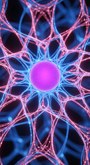Abstract image of glowing pink and blue network surrounding a purple sphere, representing connection, energy, or neural network, ideal for technology or science concepts