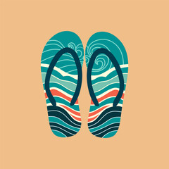 Patterned Flip Flops Teal Coral on Peach Background