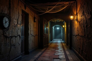 Fototapeta premium create a creepy pathway in a halloween mansion with twisting corridors dimly lit shadows flickering on cracked walls cobwebs hanging from ceilings ghostly whispers echoing through secret passageways