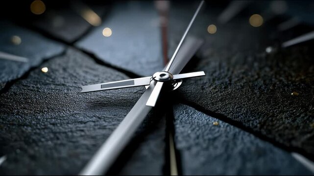 A close-up of metallic clock hands on a dark textured dial with scattered light reflections