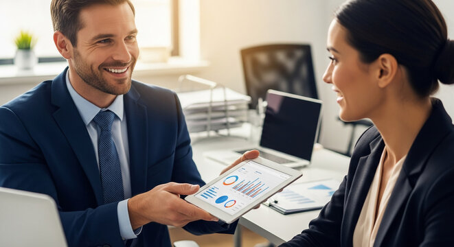 Smiling businesspeople review data on tablet, showcasing collaboration and business analysis in modern office setting - Powered by Adobe