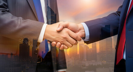 Double exposure image of a handshake between two businessmen, superimposed over a cityscape at sunset, symbolizing business partnership and urban success