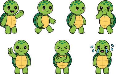 Cute cartoon turtle character set, kawaii green turtle expressions, emotional animal poses, vector illustration, adorable kids design, crying and happy