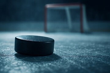 A hockey puck rests on textured ice near a blurred goal net in a cool, dramatic, scene.