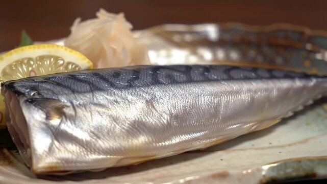 Delicious Saba Mackerel Displayed with Ginger and Lemon Garnish on a Stylistic Plate, A Close Up Displayed with a Dark Background, Highlighting Freshness and Japanese Culinary Tradition, Ideal for