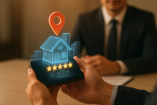 Real Estate App with Holographic House and 5-Star Rating