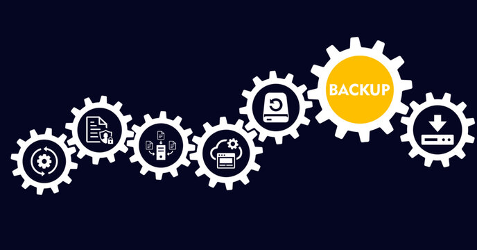 Backup banner web icon vector illustration concept for restoring data and recovery after loss and disaster with icon of computer data, storage, remote backup service, protection and restoring
