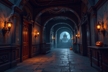 Fototapeta premium create a spooky path inside a halloween mansion with twisting hallways dim candlelight shadows flickering on old walls cobwebs hanging from ceilings mysterious noises echoing along secret passages