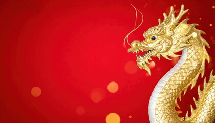 A vibrant, golden dragon against a red background, symbolizing power and luck in Asian culture, adorned with artistic details and light bokeh.