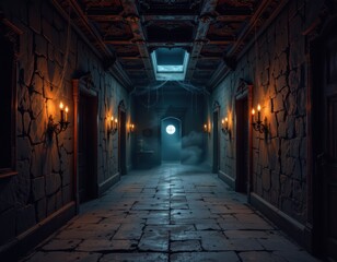 create a haunted maze in a halloween mansion with twisting corridors dim candlelight shadows flickering on cracked walls cobwebs hanging from ceilings ghostly whispers echoing along shadowed hallways