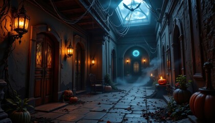 Obraz premium build a creepy path inside a halloween mansion with narrow hallways flickering lantern light shadows dancing on broken walls cobwebs draping ceilings mysterious sounds echoing along hidden doors