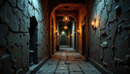 construct a ghostly corridor inside a halloween mansion with narrow twisting hallways dim candlelight shadows flickering on broken walls cobwebs hanging from ceilings mysterious sounds echoing along h