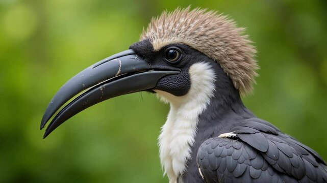Stunning close up of a vibrant Hornbill African Grey, showcasing its impressive casque and captivating dark eye against a soft green backdrop, 4k footage.