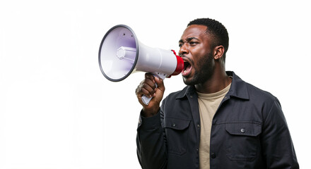 Dynamic portrait of an African American worker passionately speaking into a megaphone.