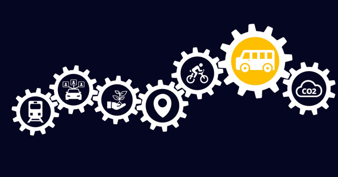 new mobility icon concept &ndash; ecological public transport alternatives: bus, bike, car sharing, train - vector illustration