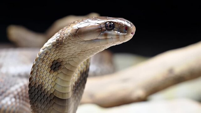 Dramatic Portrait of Cape Cobra Naja Nivea Flaring its Hood with a Dark Background Displaying Detailed Scale Patterns for Conservation Efforts Wildlife Education Venomous Species Awareness and