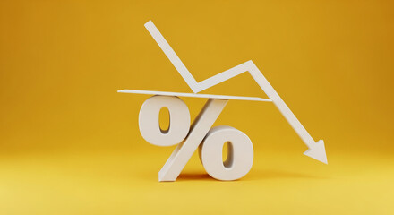 White percentage symbol crushed by a downward-pointing arrow against a yellow background, symbolizing economic downturn or price decrease