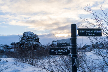 雪に覆われたディムボルギル溶岩地帯の案内標識と夕暮れの空（アイスランド・ミーヴァトン湖周辺）