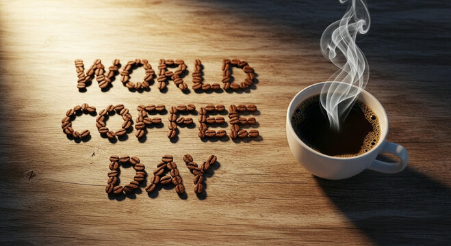 Steaming hot coffee cup beside beans forming World Coffee Day text on wooden surface with sunlight.