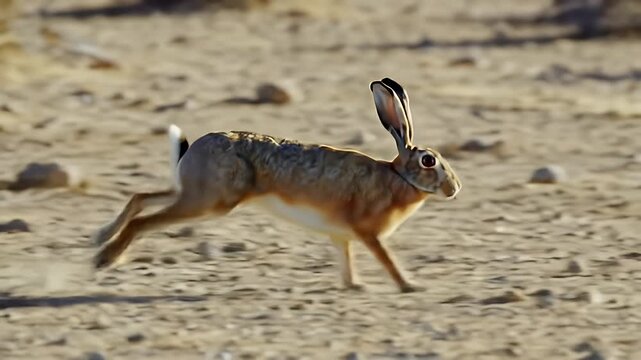 Dynamic Black-Tailed Jackrabbit Sprinting Across Sandy Desert Habitat with Mottled Brown Fur in Sunny Daylight and Natural Habitat and High Speed Chase with Long Ears, Perfect for Nature Documentary