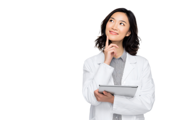 Professional woman in lab coat contemplating ideas while holding tablet and smiling against a clean backdrop