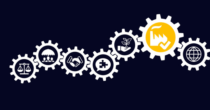 CSR / ISO vector illustration. Concept with icons related to corporate social responsibility, corporate self regulation or corporate conscience, ethics or values, company policy & standards. 