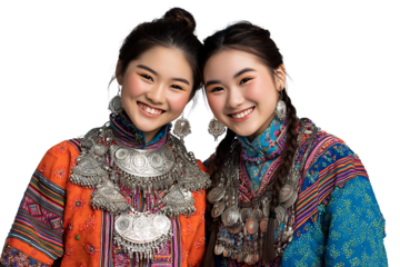 Two Smiling Young Women in Colorful Traditional Attire with Intricate Silver Jewelry and Joyful Expressions