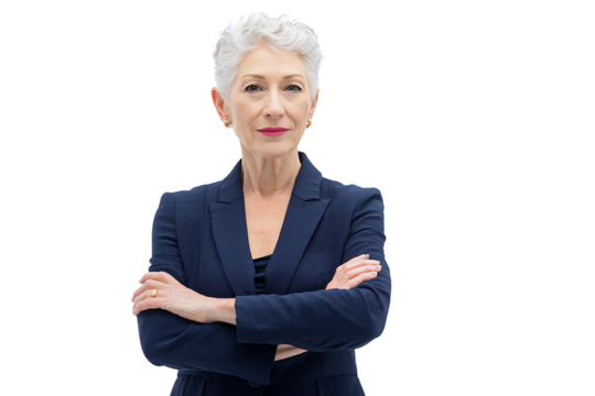 Confident senior businesswoman with short gray hair and professional attire posing with crossed arms on white background