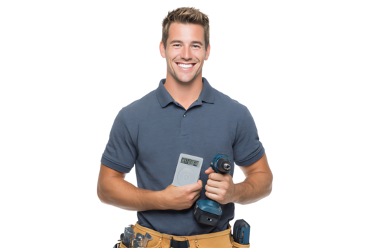 Friendly handyman with power drill and digital measuring tool posing for a photo with a bright smile