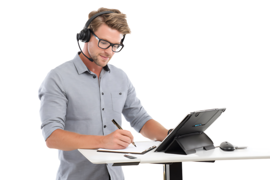 Young professional in headset writing notes on tablet while standing at modern workspace with computer equipment