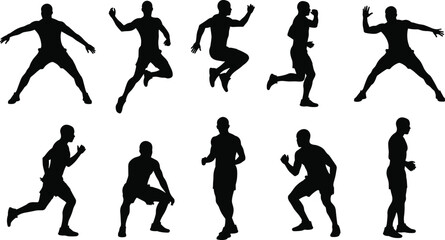 Black silhouettes of man running, jumping, moving, athletic poses, active lifestyle, fitness motion, dynamic exercise, sport training, workout silhouettes, healthy lifestyle, jumping, sprinting, 