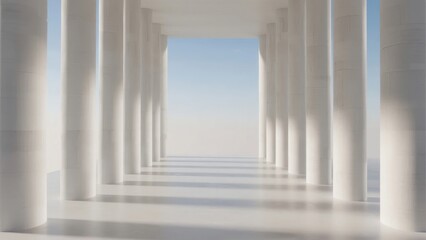 Fototapeta premium A long corridor with white columns leading to a bright, open sky