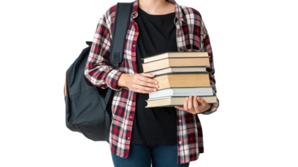 Student carries heavy books with backpack feeling overwhelmed preparing for exams Neutral studio
