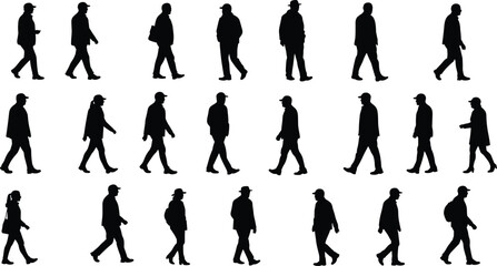 Silhouettes of diverse people walking, casual and business attire, urban pedestrian figures, multiple poses, street walking silhouettes, diverse ages and styles, motion and lifestyle concept