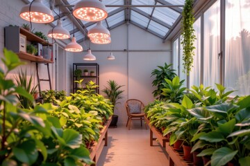 design a modern indoor greenhouse with led grow lights mounted above plants casting uniform illumination soft shadows highlights and creating a natural healthy indoor horticultural environment