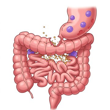  compromised intestinal barrier, showing a simplified cross-section of the intestinal lining with gaps between epithelial cells,  leakage of abstract particles (representing toxins/bacteria