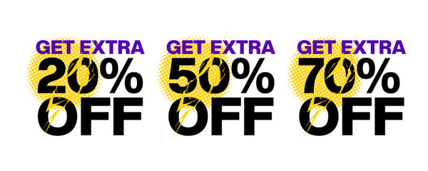Get Extra 20, 50, 70, percent off Sale. Neumorphic offer banners. Discount offer price sign. Special offer symbol. Extra discount podium background. Product infographics. Vector eps