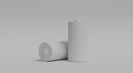 3D visualization of two cylindrical white batteries on white background with shadows as battery template for energy, electricity concept and design