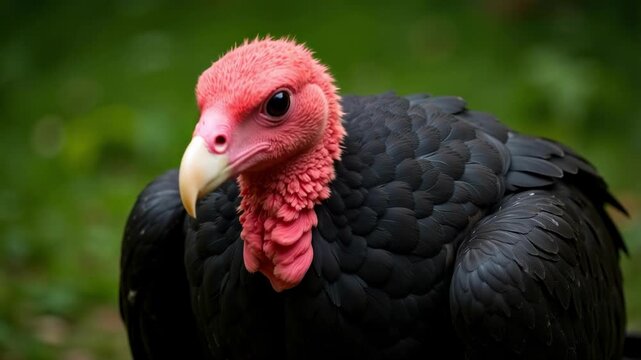 Stunning close-up portrait of a Turkey Vulture with vibrant red head and pale bill against a soft green backdrop, 4k video footage