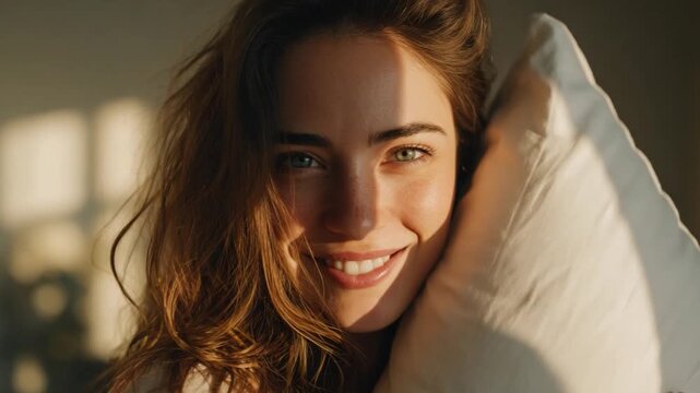 Serene Morning: A radiant young woman, embraced by soft morning light, rests with a pillow. Her tranquil smile and clear eyes evoke a sense of peace and effortless beauty.
