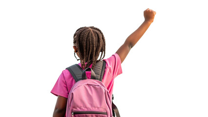 A young girl with braids raising her fist in solidarity carrying a pink backpack against a dark