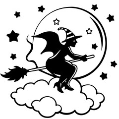 Witch in the night sky vector silhouette on a white background