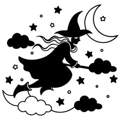 Witch in the night sky vector silhouette on a white background