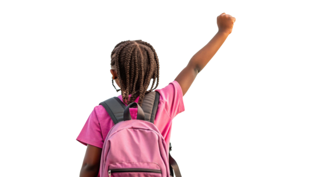 A young girl with braids raising her fist in solidarity carrying a pink backpack against a dark