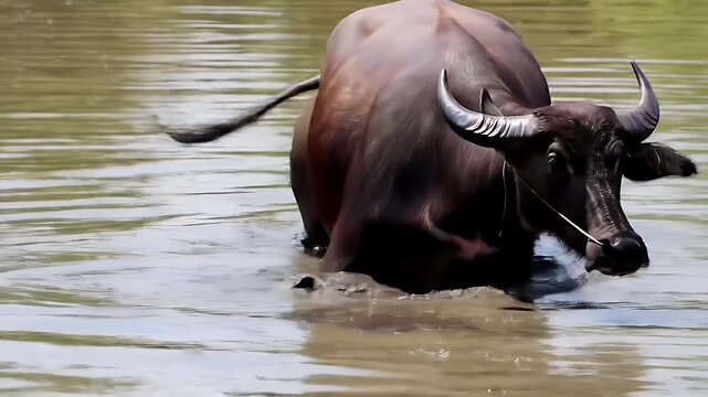 Eye Level View of Water Buffalo Bubalus Bubalis Wading Through Muddy Water in Clear Weather Reflecting Sunlight Perfect for Documentary and Educational Content Highlighting Animal Behavior and