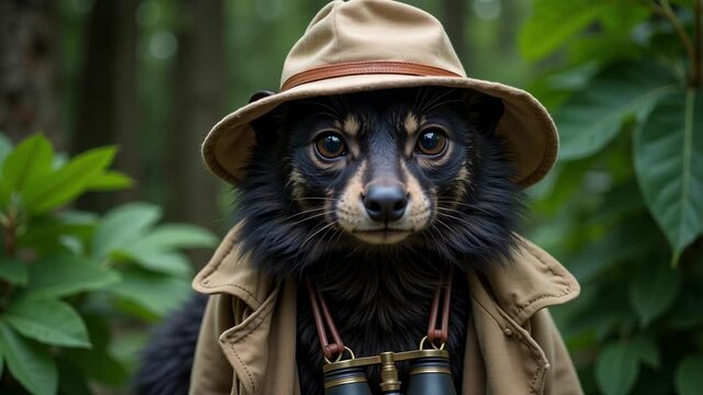 Adventurous binturong bearcat in explorer attire with pith helmet and binoculars, mysterious gaze against a soft green backdrop 4k video footage